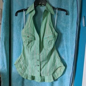 Striped mint green, button down halter blouse